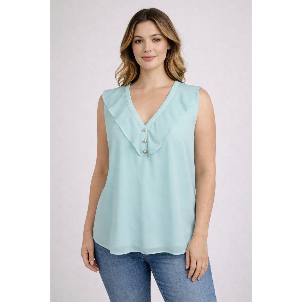 NWOT Calvin Klein Aqua Sleeveless Blouse Ruffle V-Neck Pearl Gold Button Sz L